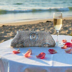 White House Black Market Vintage Wood Beaded Evening Bag + Silver Sequins. OS